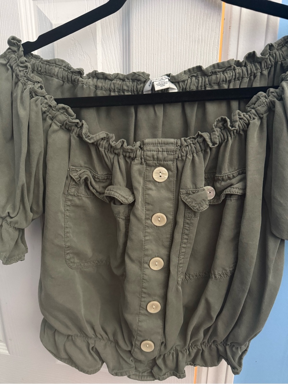 American Eagle Outfitters Olive Off-Shoulder Blouse